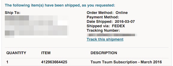 March Tsum Tsum Subscription Shipped